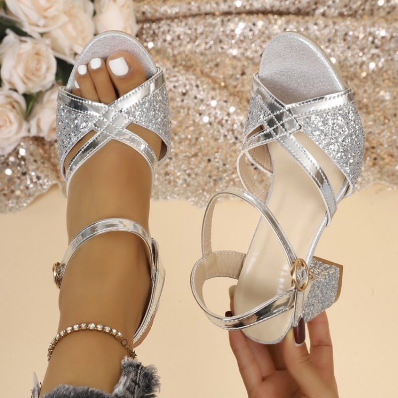 Sandal Strappy Heeled - Women Block Heels Sandals Gold Sparkly